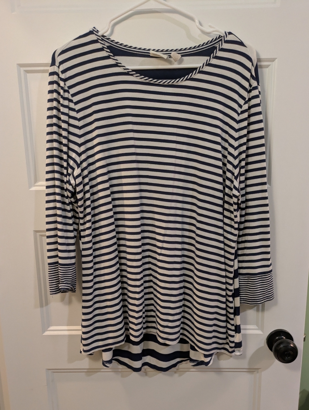 Chico's Navy and White Striped Long-Sleeve Scoop Neck Tee